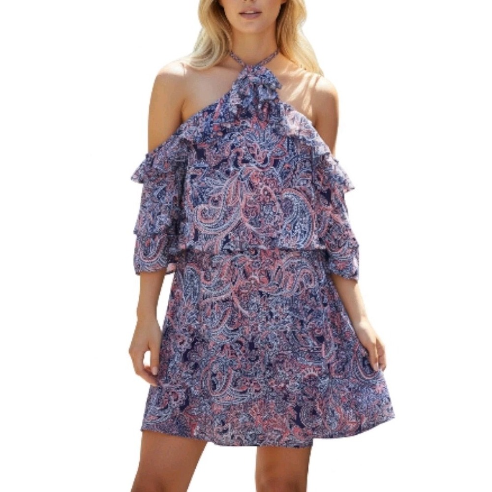 Parker 100% Silk Cold Shoulder Halter Dress Paisley Ruffle Mini Women's 0